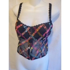 Womens Embroidered Mob Wife Corset Black Sheer Lingere Sz S Hook Loop
